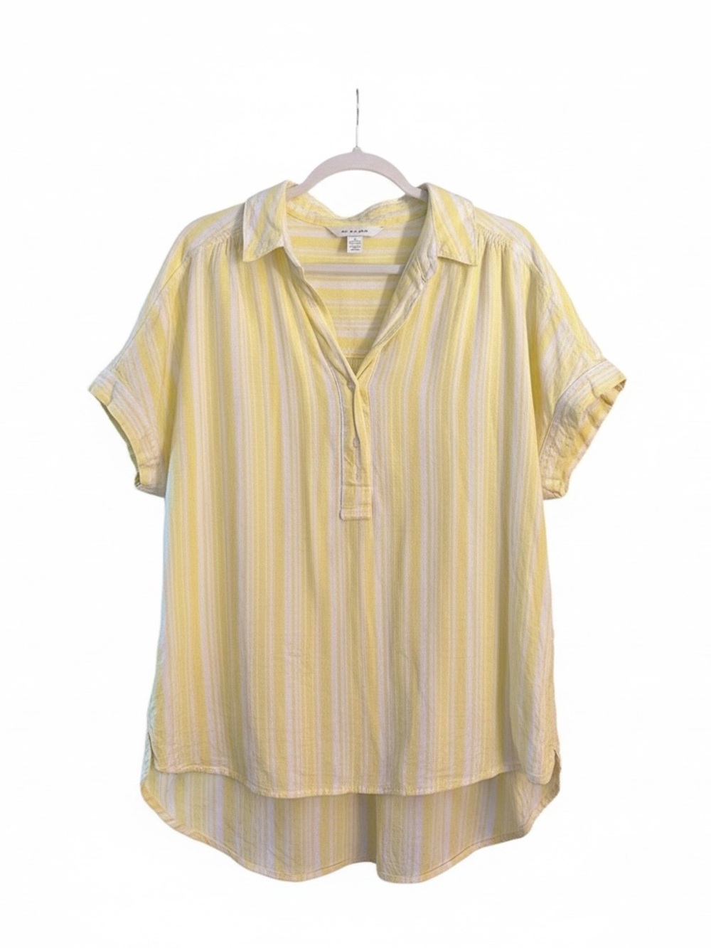 Lane Bryant Yellow & White Striped Short-Sleeve Popover Shirt
